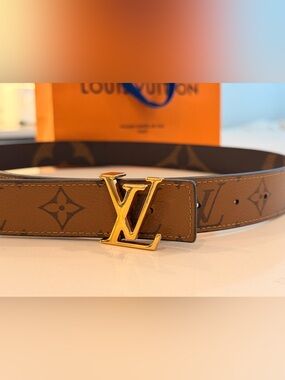 Louis Vuitton Brown Monogram Leather Belt with Gold LV Buckle